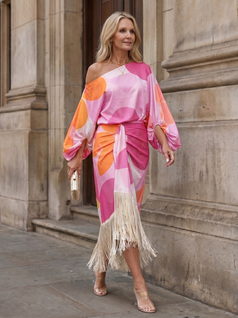 Woman models a flowy off-shoulder abstract print midi dress with stylish fringe. Perfect women's summer party dress.