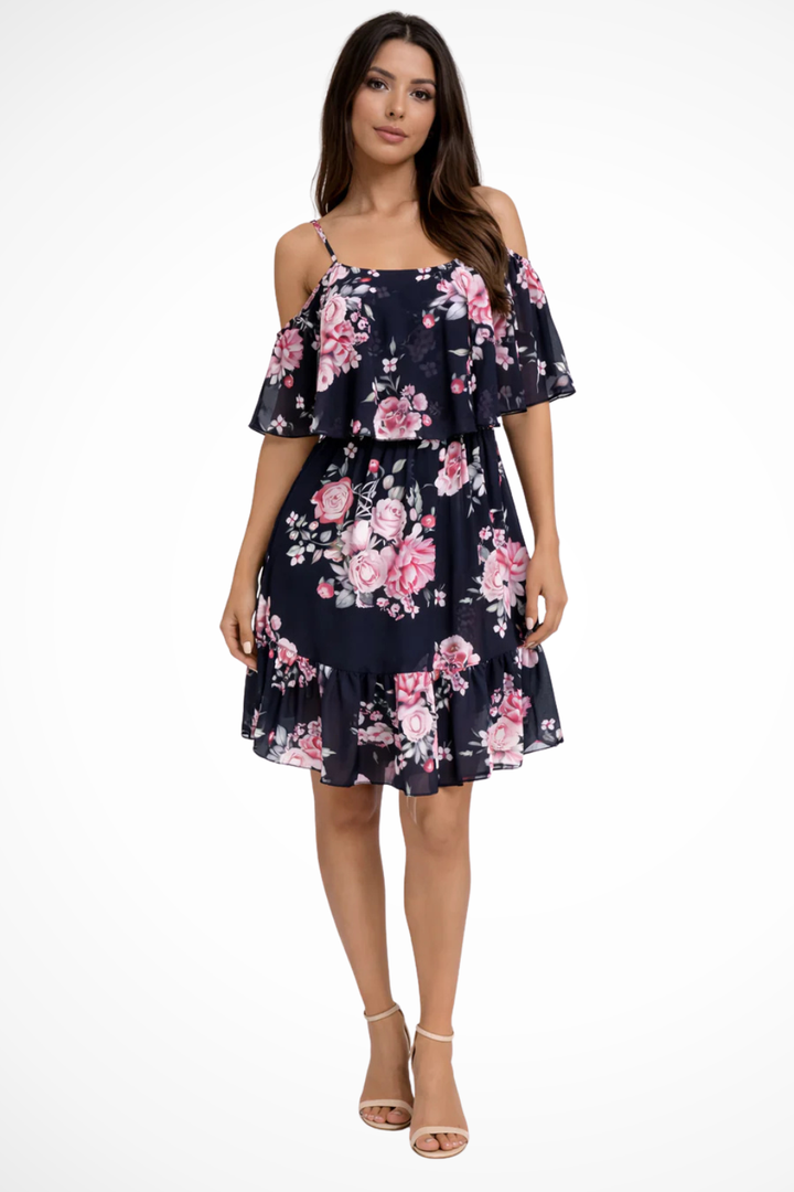 Feminine women's short off-shoulder dress with a vibrant floral pattern & ruffles. Great for casual day wear or outings.