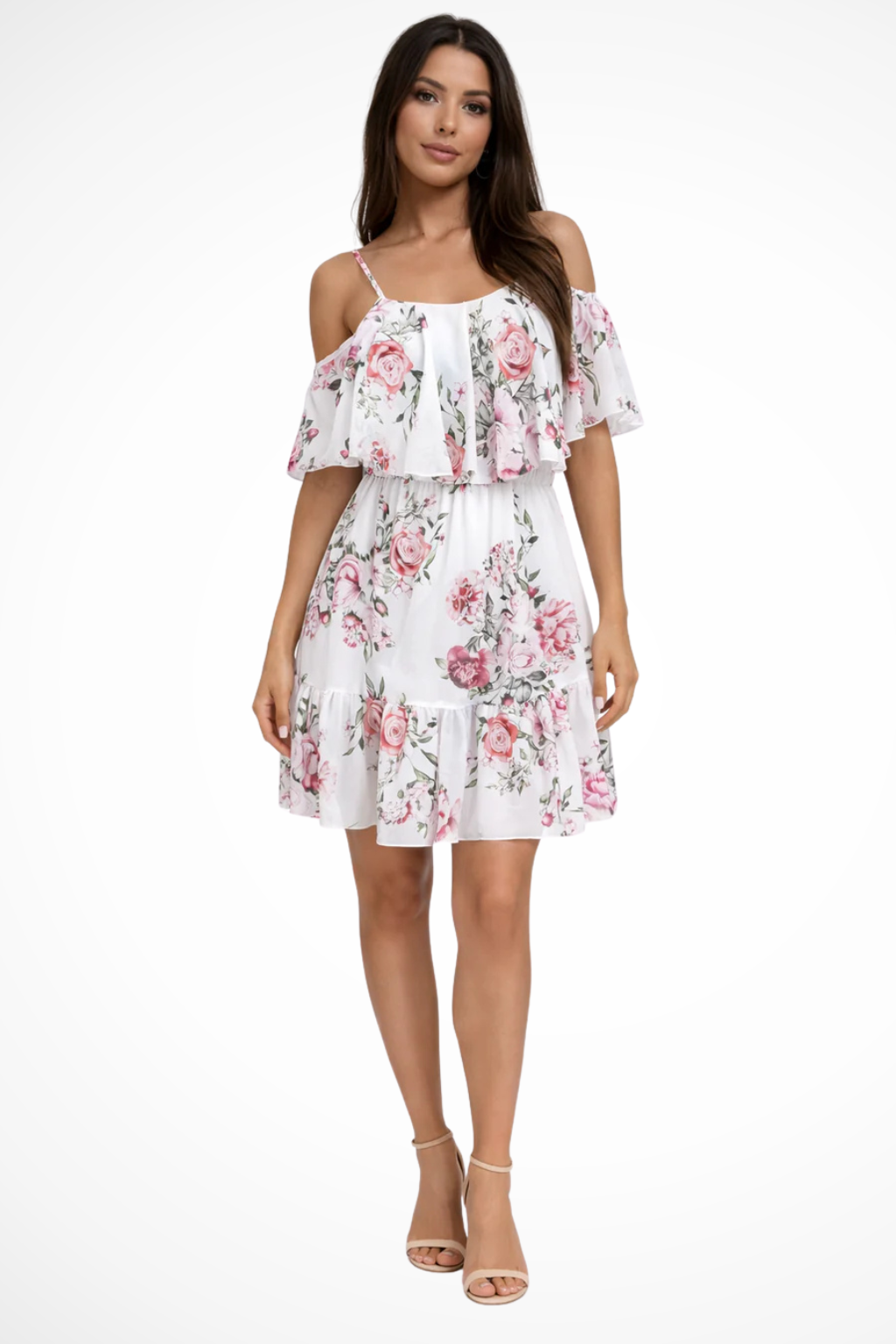 Stylish boho off-shoulder mini dress with a floral design and ruffles. A comfortable and chic summer party or vacation outfit.