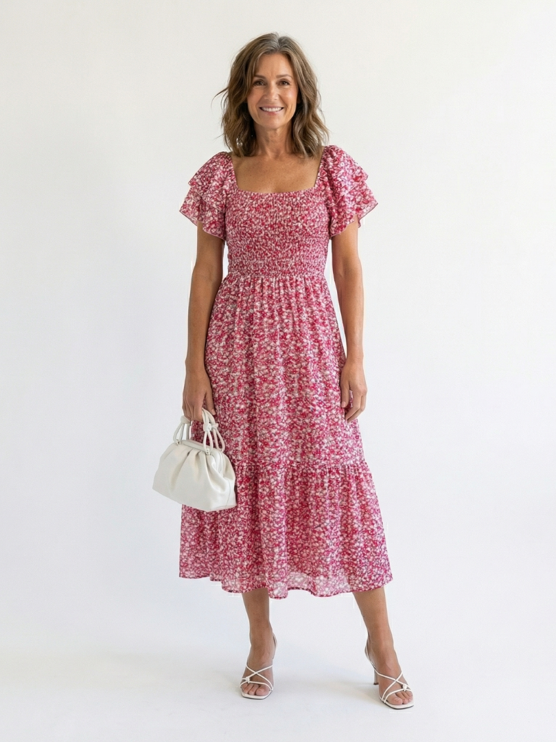 Women's off-shoulder floral smocked midi dress with puff sleeves, perfect for summer casual wear or vacation.