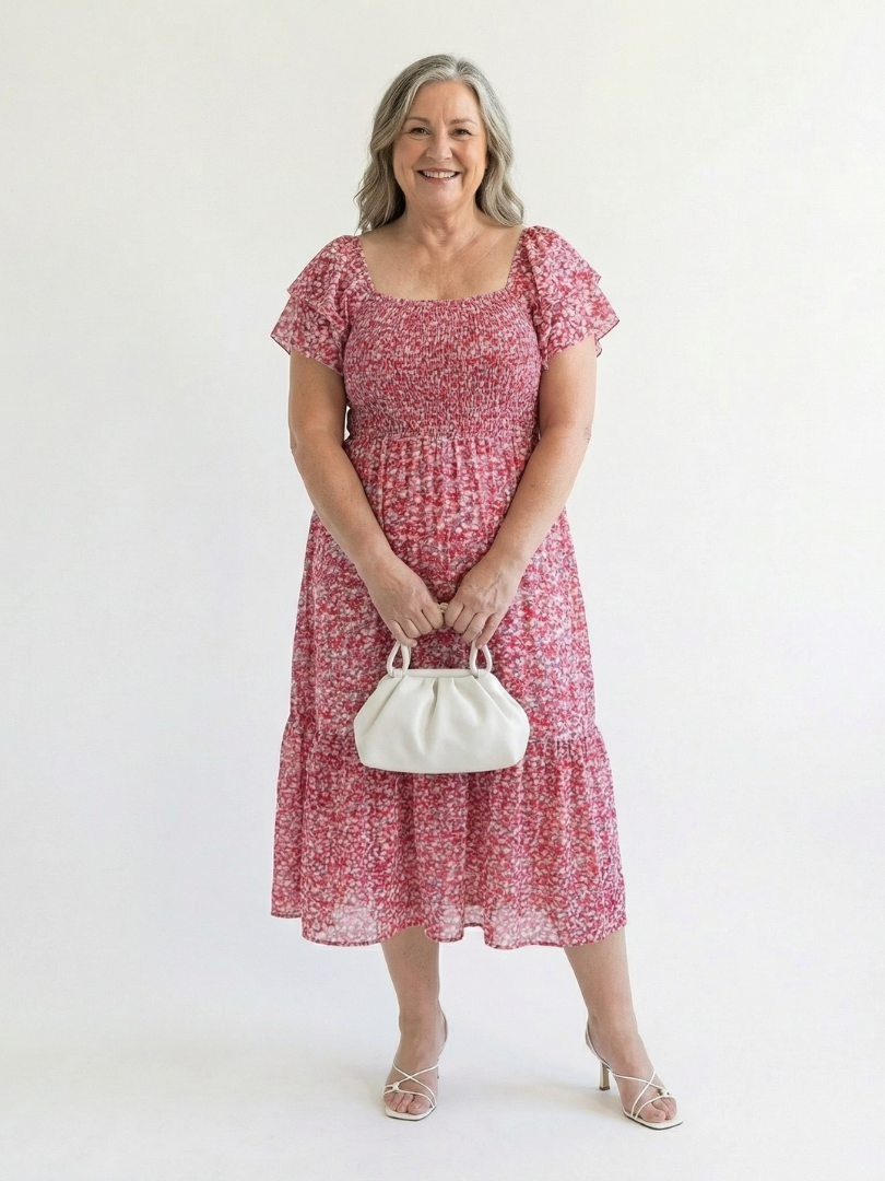 Comfortable smocked off-shoulder midi dress for women, adorned with a vibrant floral print and cute puff sleeves.