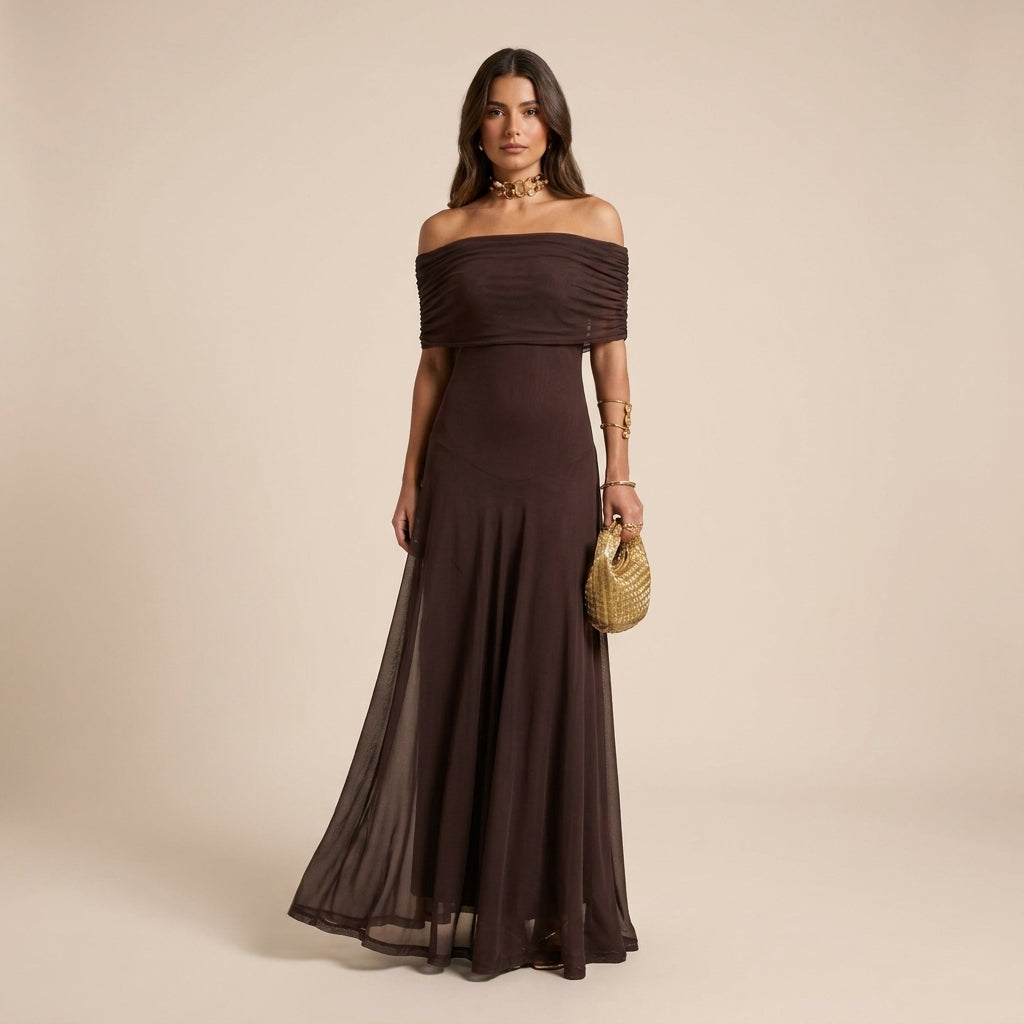 Women's off-shoulder maxi dress, elegant & flowy, perfect for special occasions & evening events.