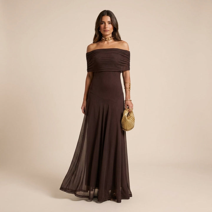 Women's off-shoulder maxi dress, elegant & flowy, perfect for special occasions & evening events.