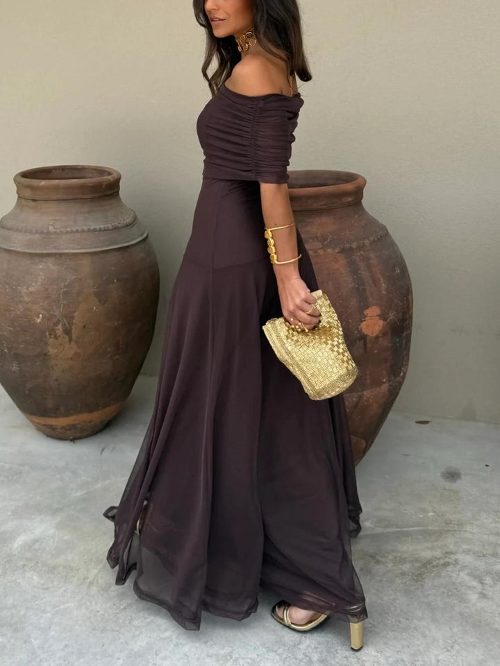 Elegant off-shoulder maxi dress for women, ideal as a wedding guest, formal wear or party dress.