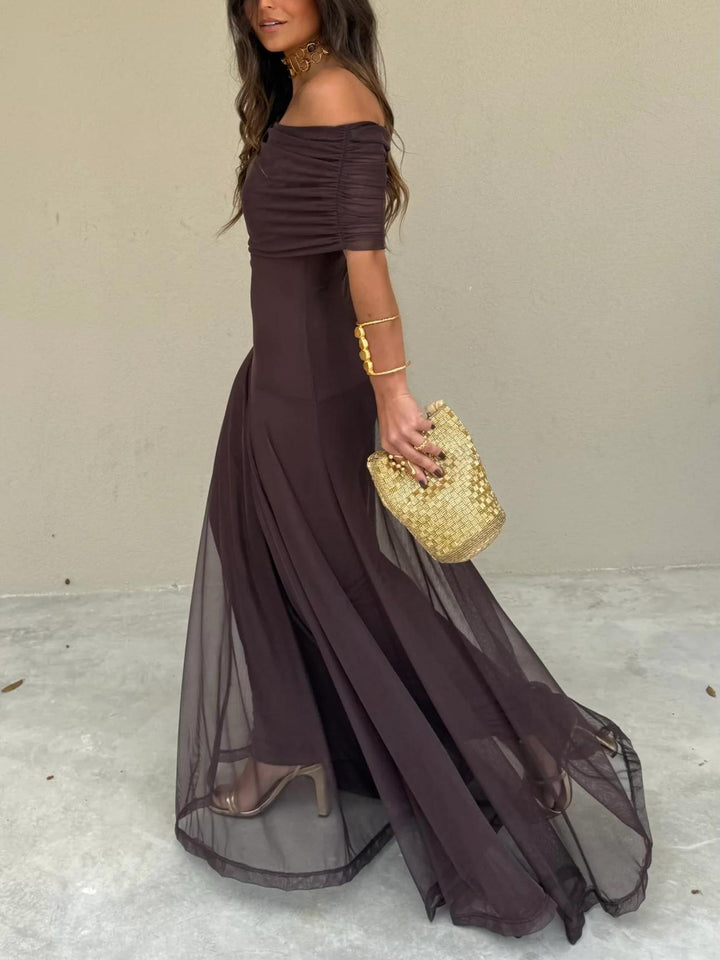 Romantic off-shoulder maxi dress for women, an elegant formal gown perfect for special occasions.