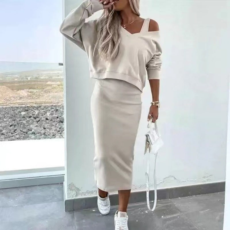 Women's off-shoulder oversized sweater & midi dress set for versatile casual or evening wear. Cozy autumn fashion.
