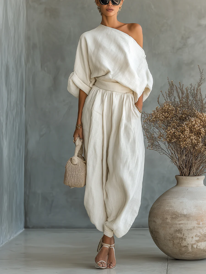 Women's off-shoulder relaxed fit two-piece set in off-white, perfect for casual summer and autumn comfort.