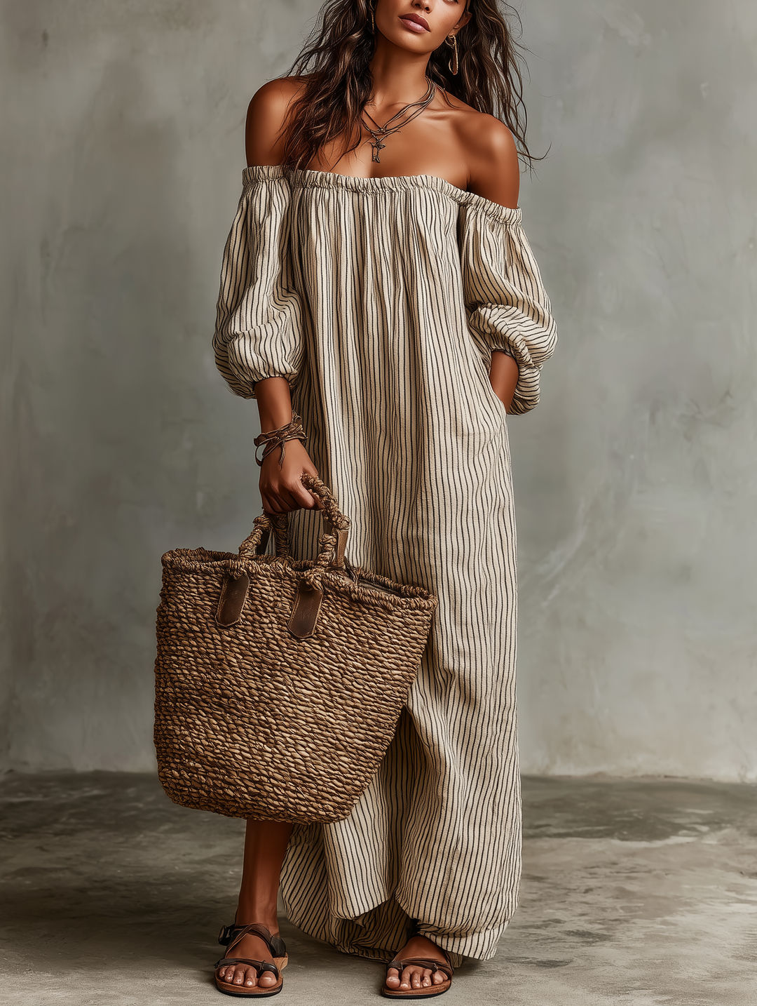 Women's off-shoulder striped maxi dress with puff sleeves, elegant & comfortable for summer.