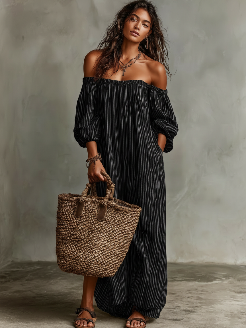 Elegant women's off-shoulder maxi dress, vertical stripes, puffy sleeves, a long summer look.