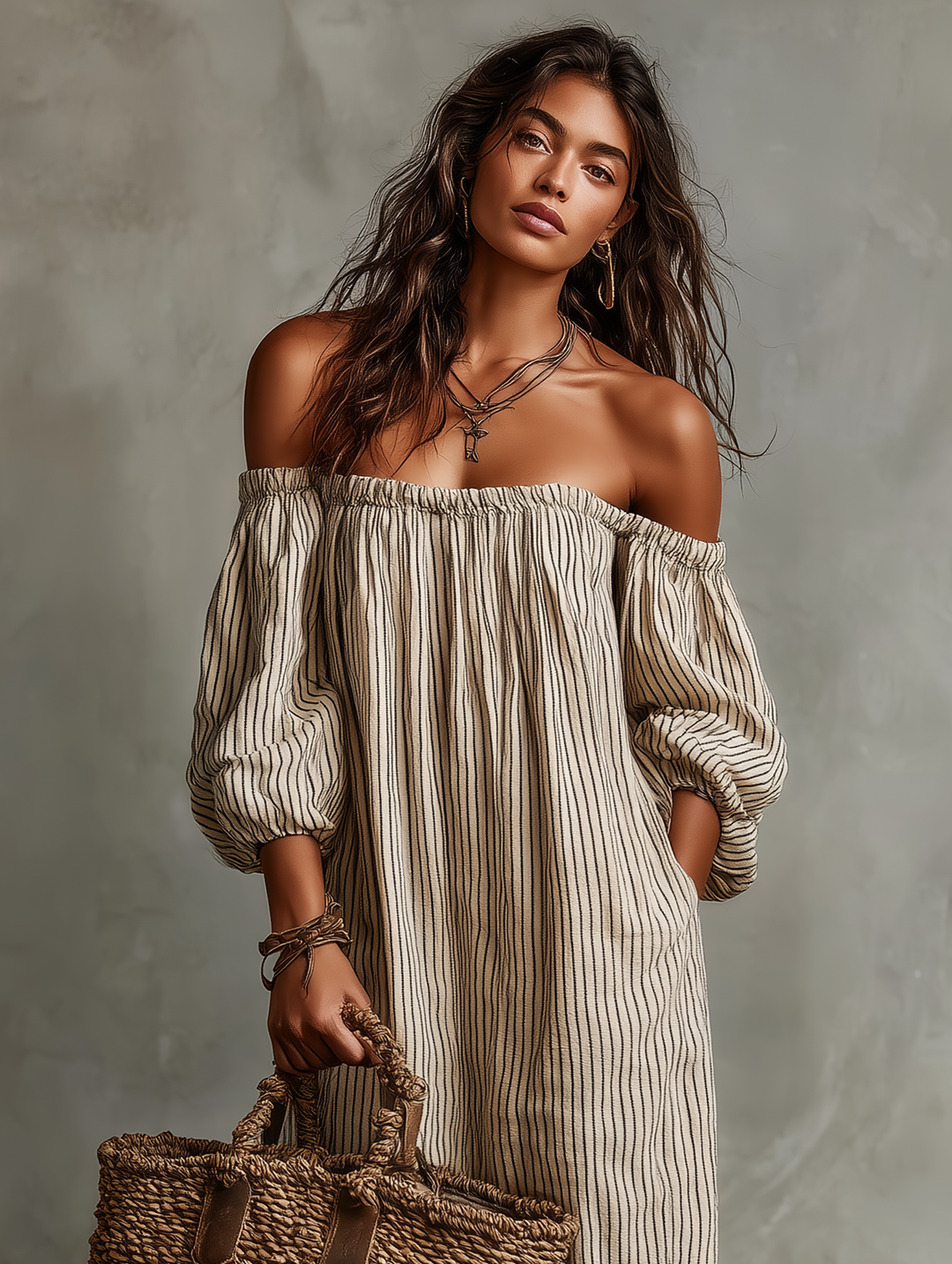 Women's casual striped off-shoulder puff sleeve long dress, comfortable and stylish for any season.