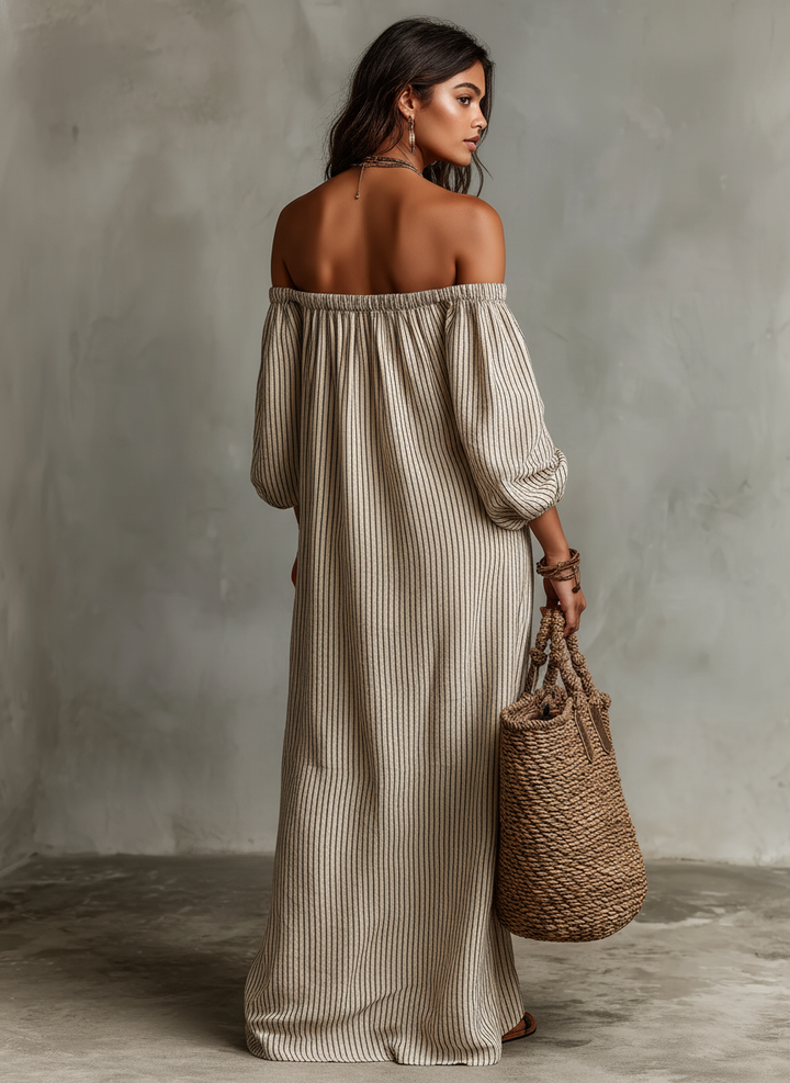 Charming women's striped maxi dress, off-shoulder design, puff sleeves, comfortable & versatile.