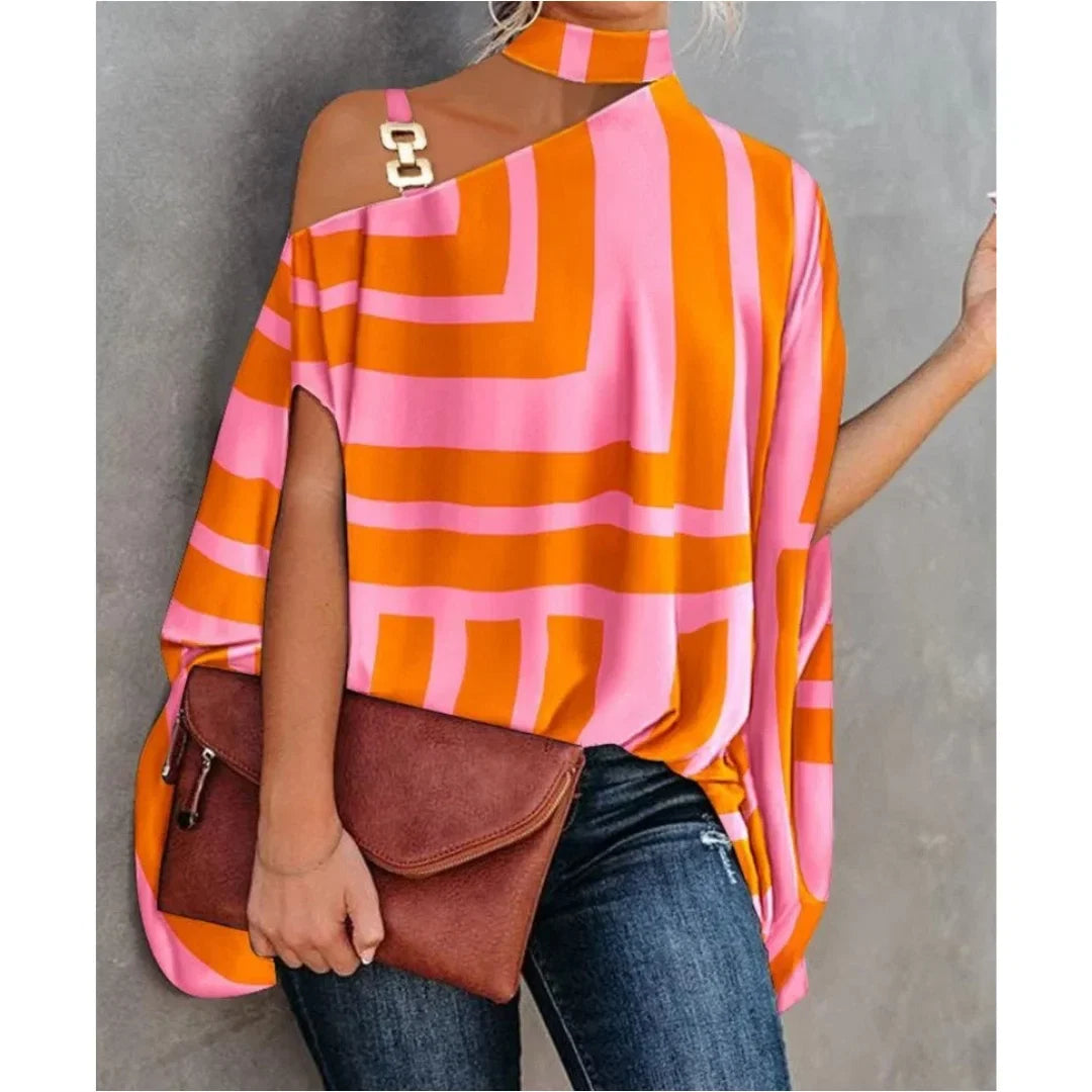 Women's off-shoulder striped tunic top, relaxed fit, long sleeves, perfect for stylish casual wear.