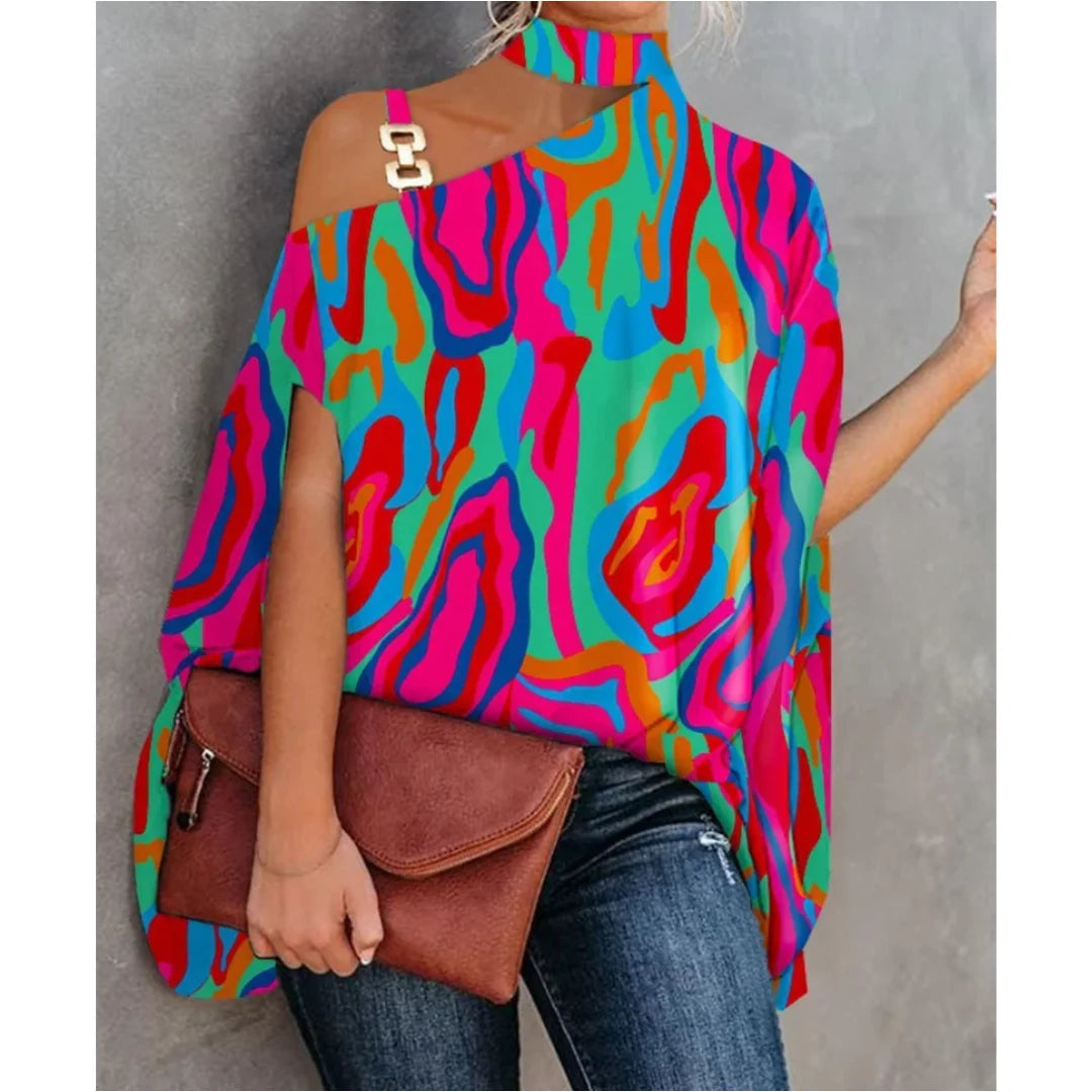 Relaxed fit women's off-shoulder striped tunic top with long sleeves, ideal for comfortable summer and spring fashion.
