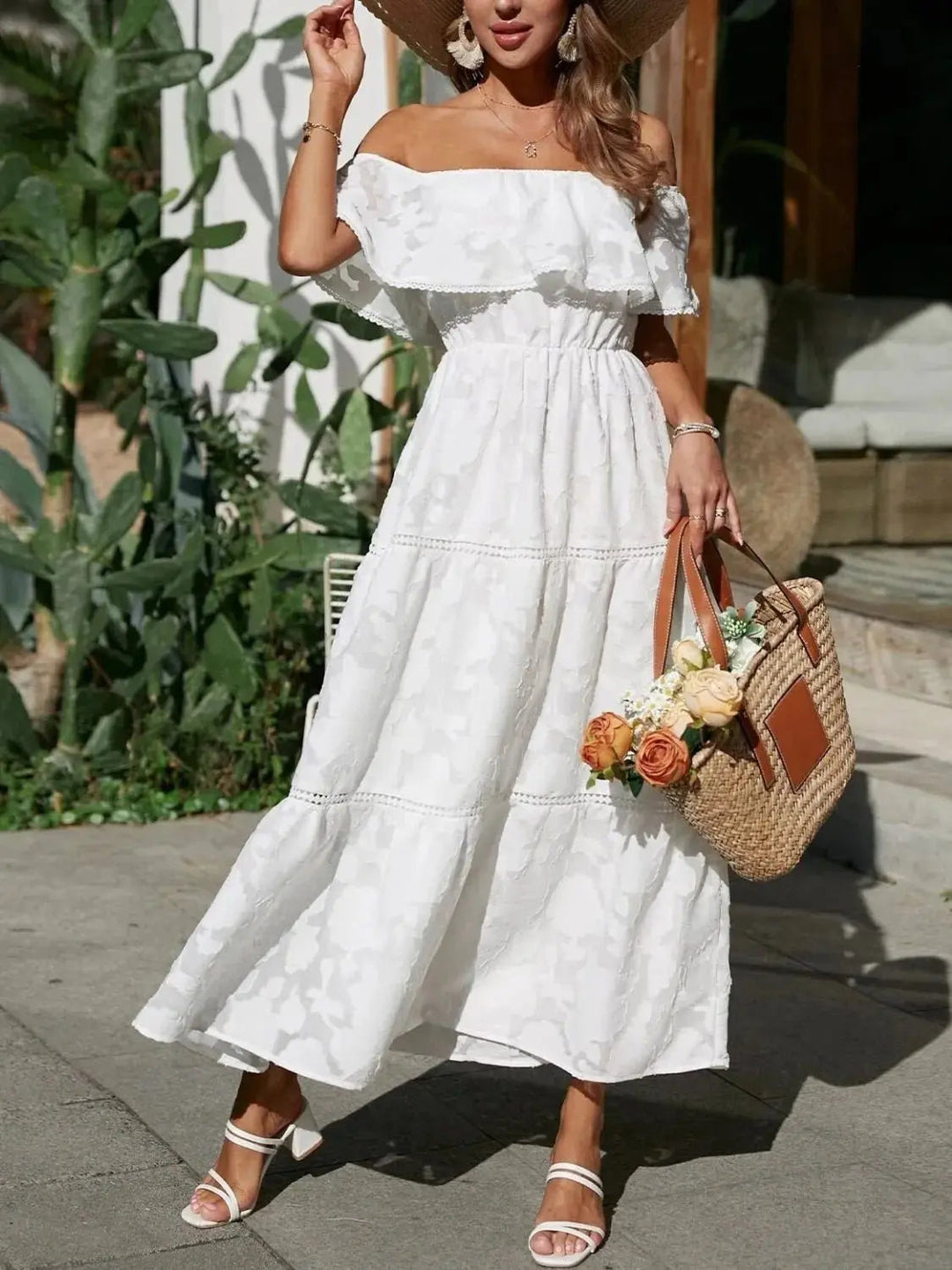 Women's off-shoulder tiered ruffle maxi summer dress, perfect for elegant vacation & beachwear.