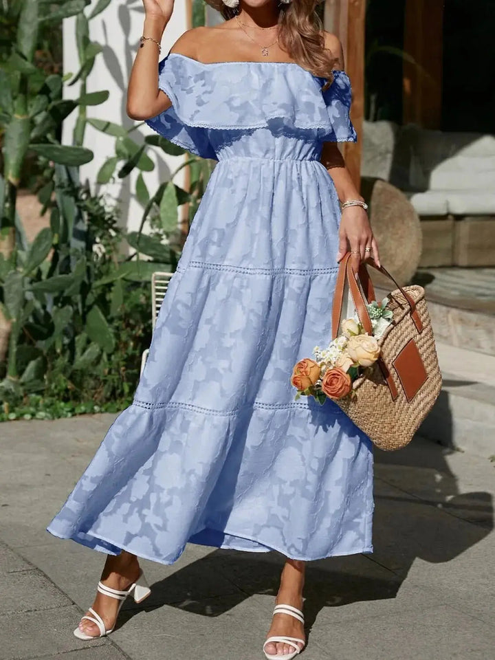 Lightweight off-shoulder tiered ruffle maxi dress, designed for ultimate comfort and summer style.
