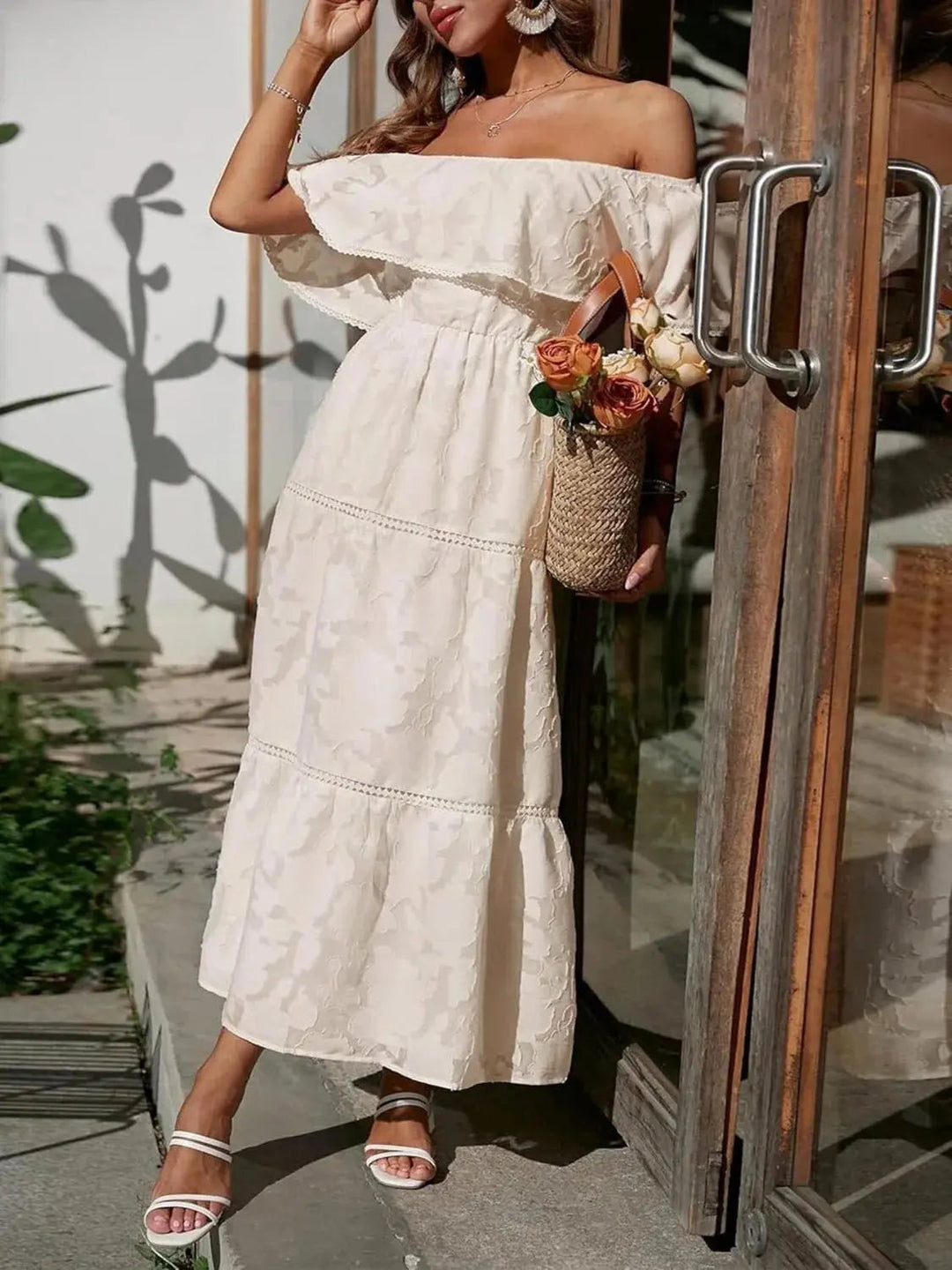 Effortless elegance with this off-shoulder tiered ruffle maxi dress, a summer fashion essential.
