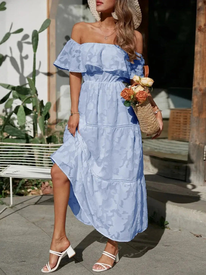 Elegant women's tiered ruffle off-shoulder maxi dress, a stylish choice for summer fashion.