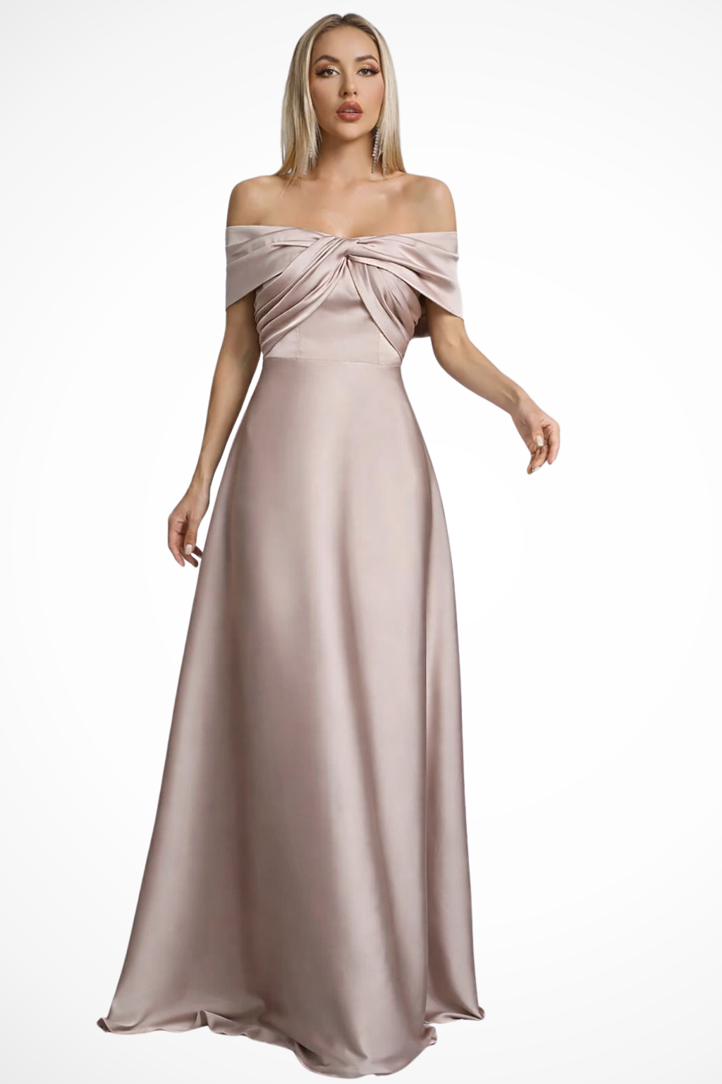 Women's off-shoulder twisted knot pleated maxi dress, elegant for wedding guests.