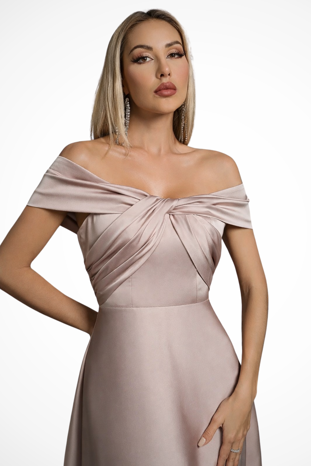 Elegant off-shoulder maxi dress for women, pleated skirt, twisted knot bodice.