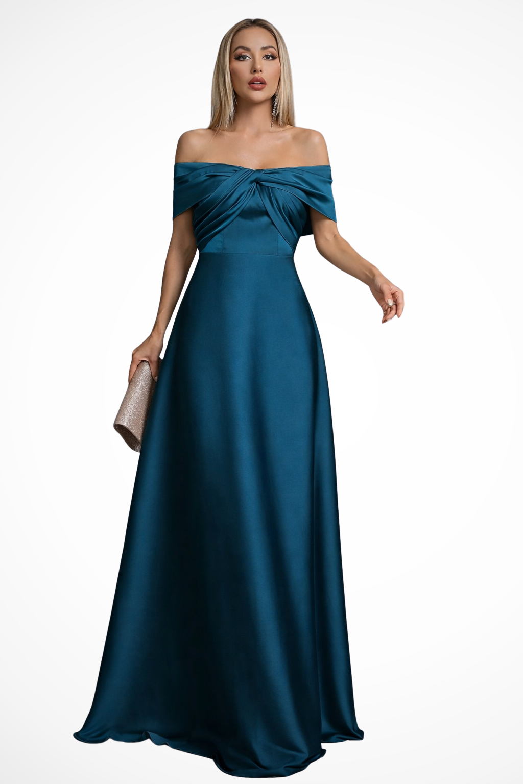 Wedding guest women's off-shoulder pleated maxi dress, elegant with twisted knot.