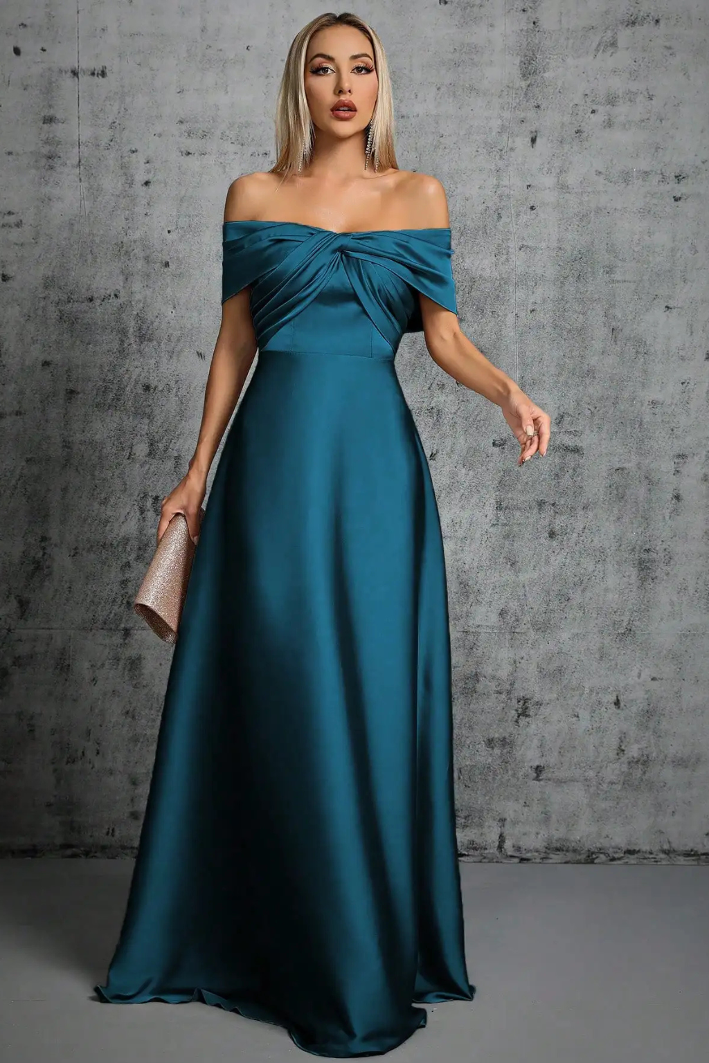 A-line evening gown, off-shoulder twisted knot pleated maxi, sophisticated women's wear.