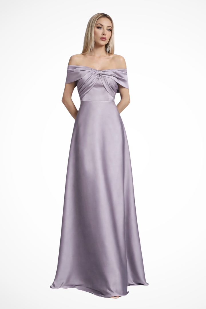 Women's party off-shoulder maxi dress, elegant pleated with stylish twisted knot.