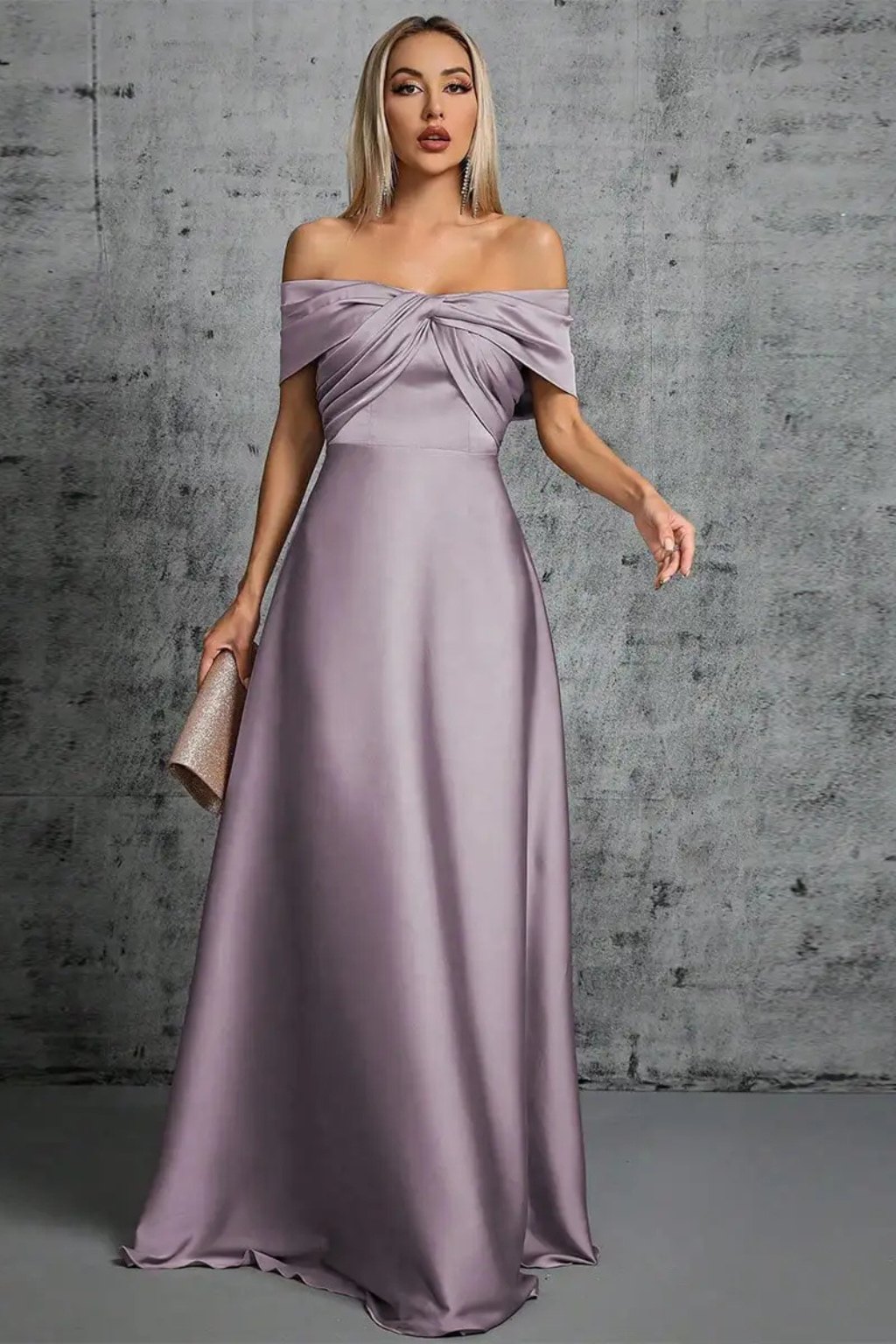 Formal women's off-shoulder long dress, twisted knot pleated maxi for special events.