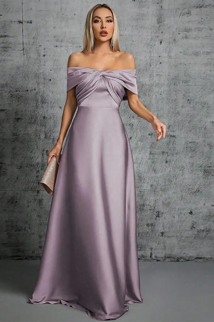 Formal women's off-shoulder long dress, twisted knot pleated maxi for special events.