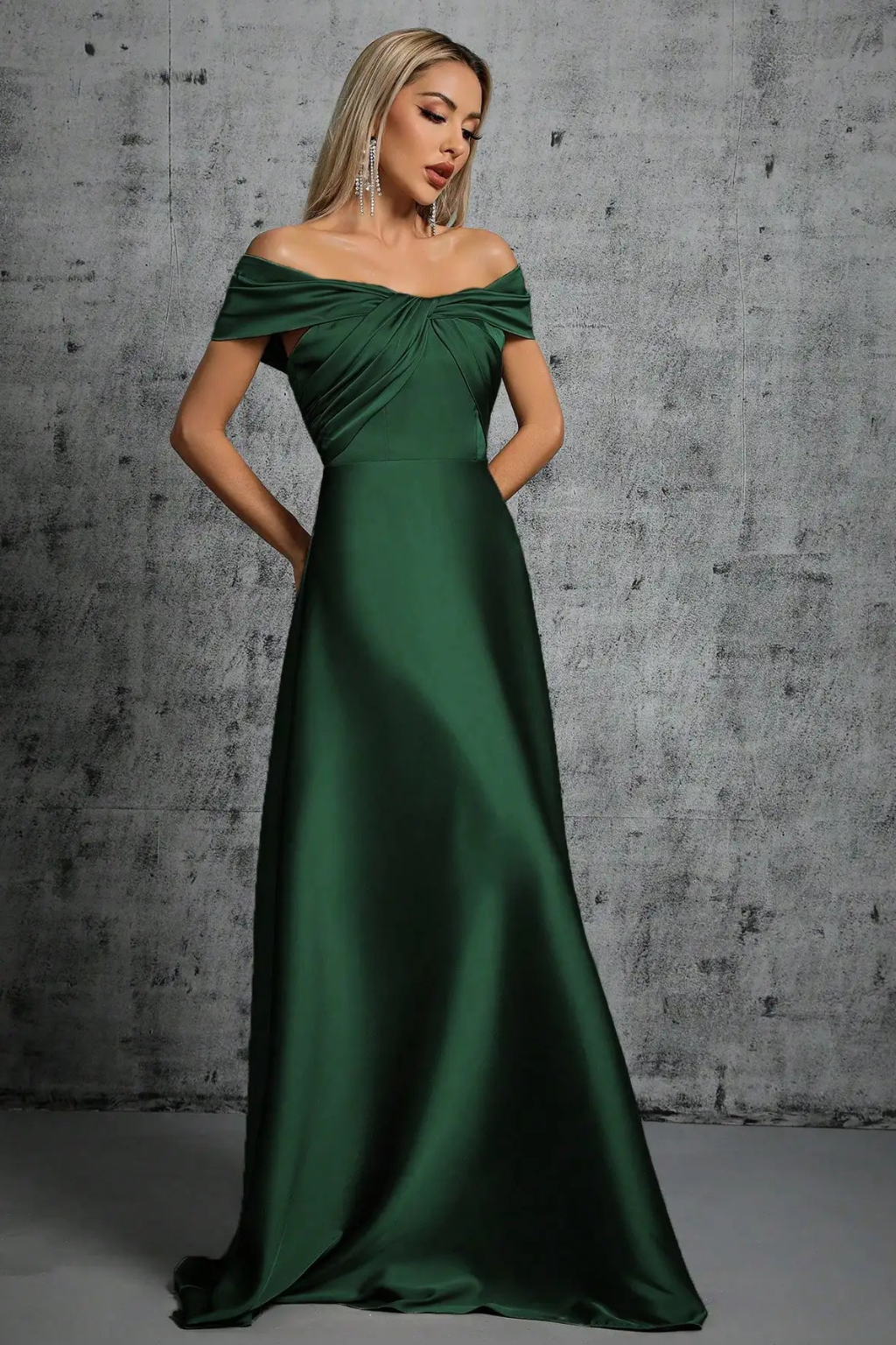 Elegant off-shoulder women's maxi, twisted knot detail, flowing pleated formal dress.