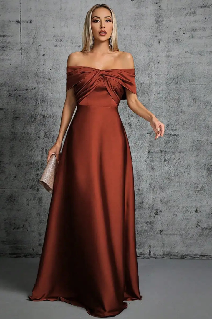 Wedding guest A-line off-shoulder maxi, women's elegant pleated with twisted knot.