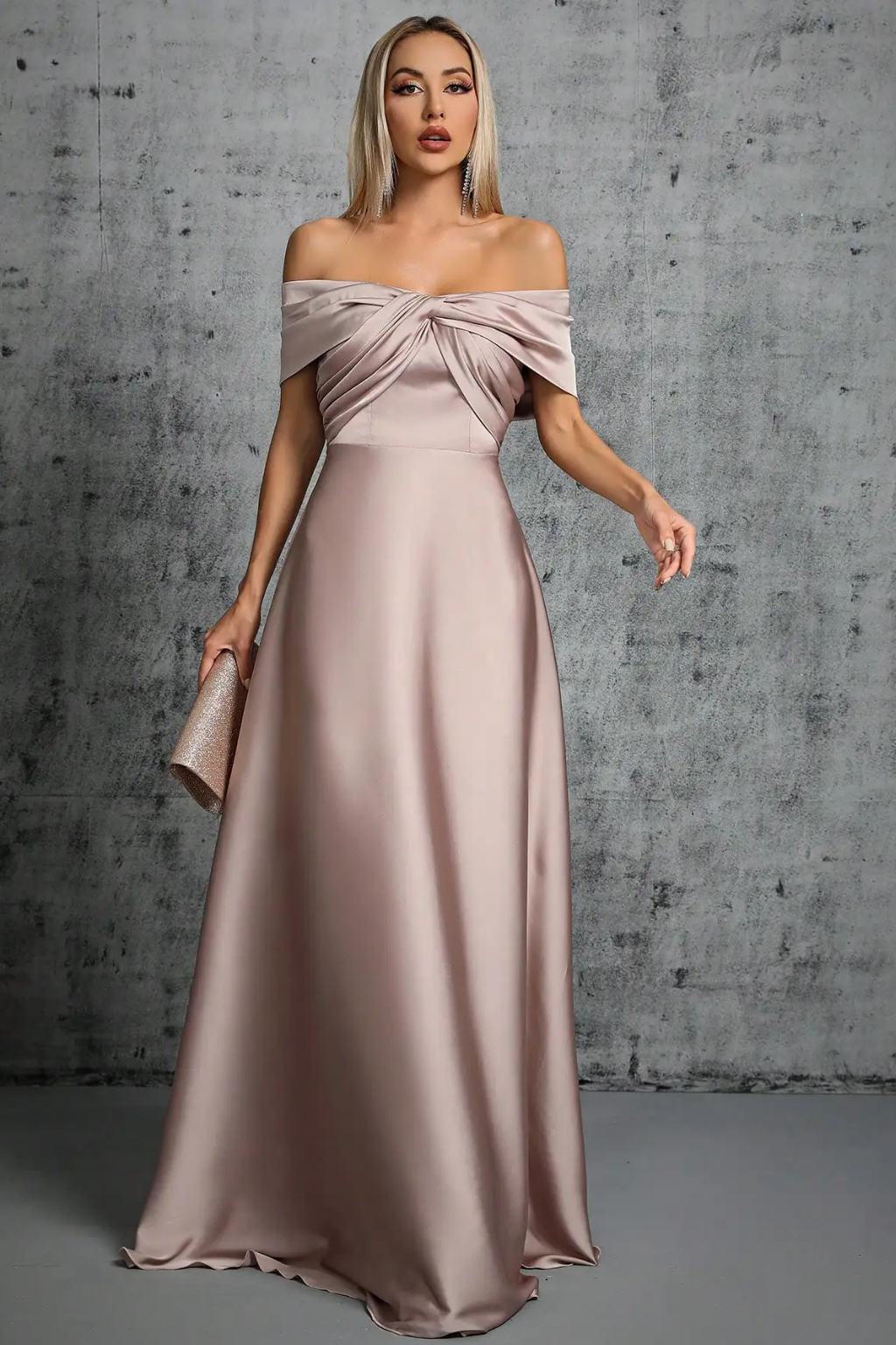 Formal twisted knot off-shoulder pleated maxi dress, women's sophisticated evening wear.