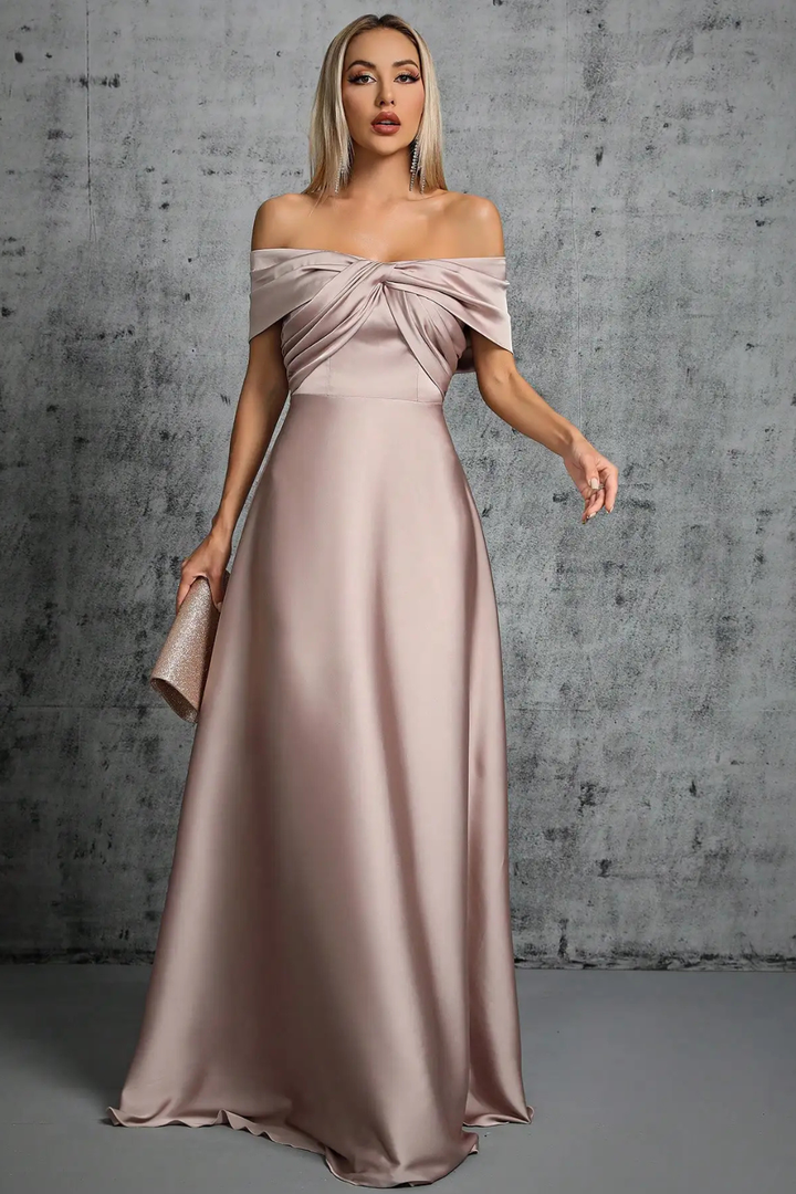 Formal twisted knot off-shoulder pleated maxi dress, women's sophisticated evening wear.