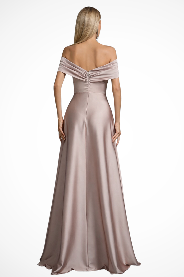 Formal pleated maxi dress for women, off-shoulder design, perfect party attire.