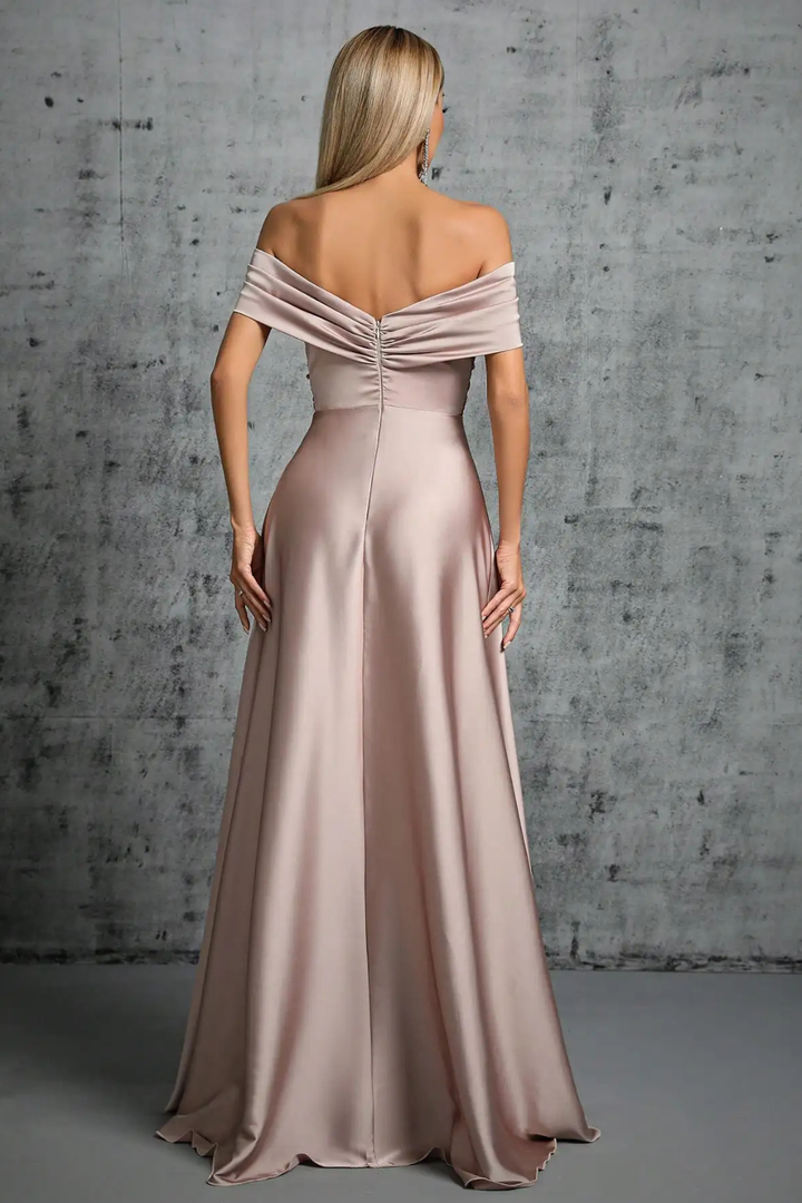 Elegant women's off-shoulder maxi dress, twisted knot bodice, flowing pleated skirt.