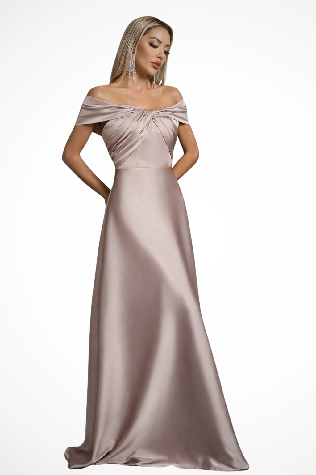 Party-ready off-shoulder pleated maxi dress, a chic twisted knot formal gown.
