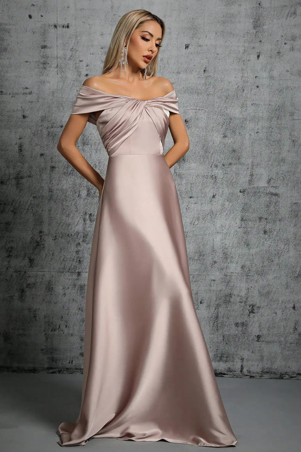Wedding guest off-shoulder maxi, women's elegant pleated long dress with twisted knot.