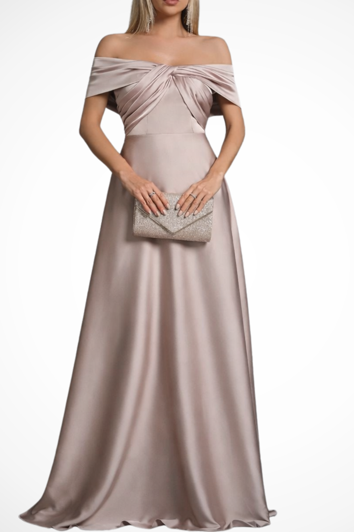 A-line off-shoulder maxi dress for women, twisted knot detail, sophisticated pleated style.