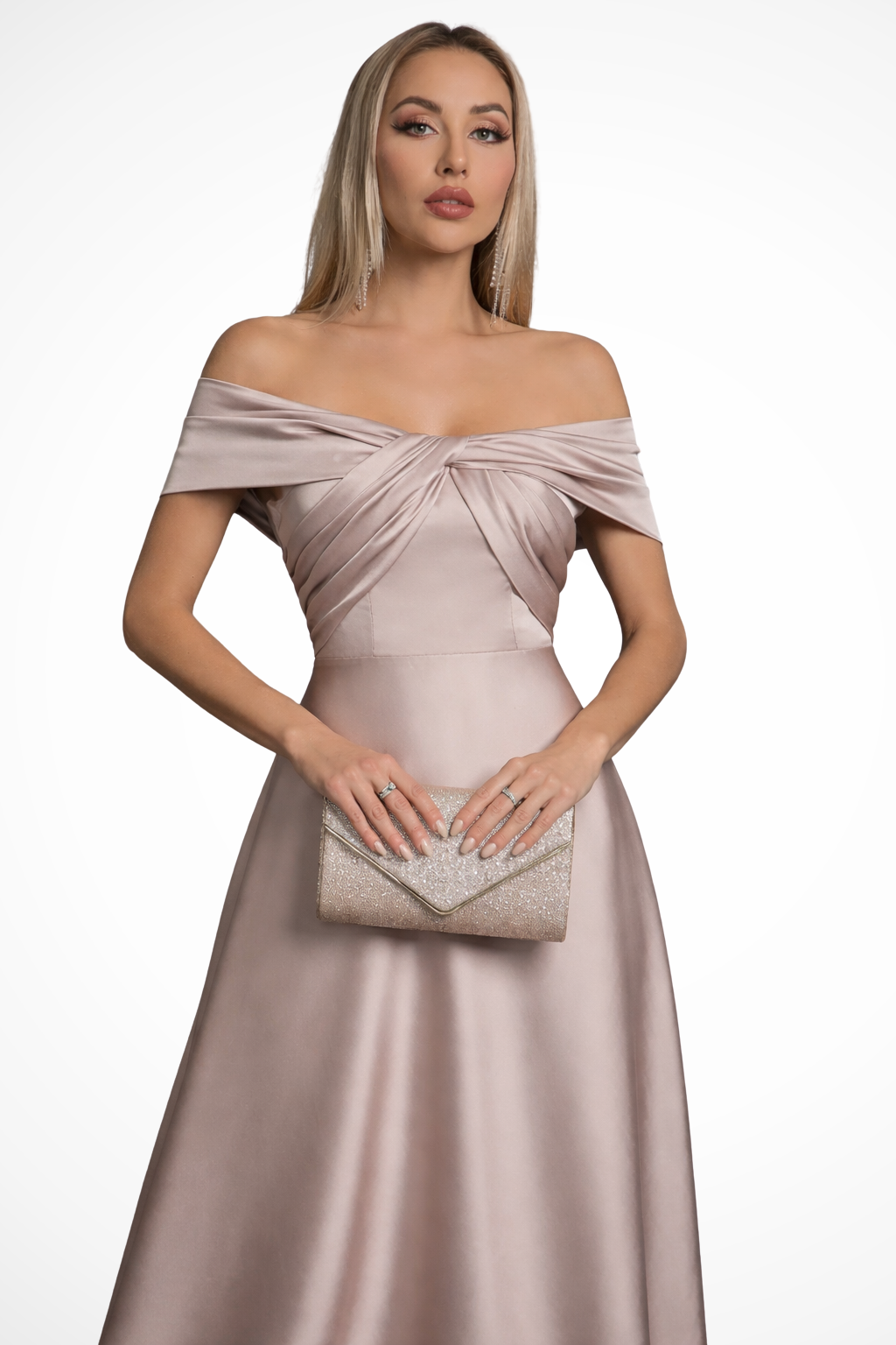 Formal evening gown, off-shoulder pleated maxi dress, women's twisted knot detail.