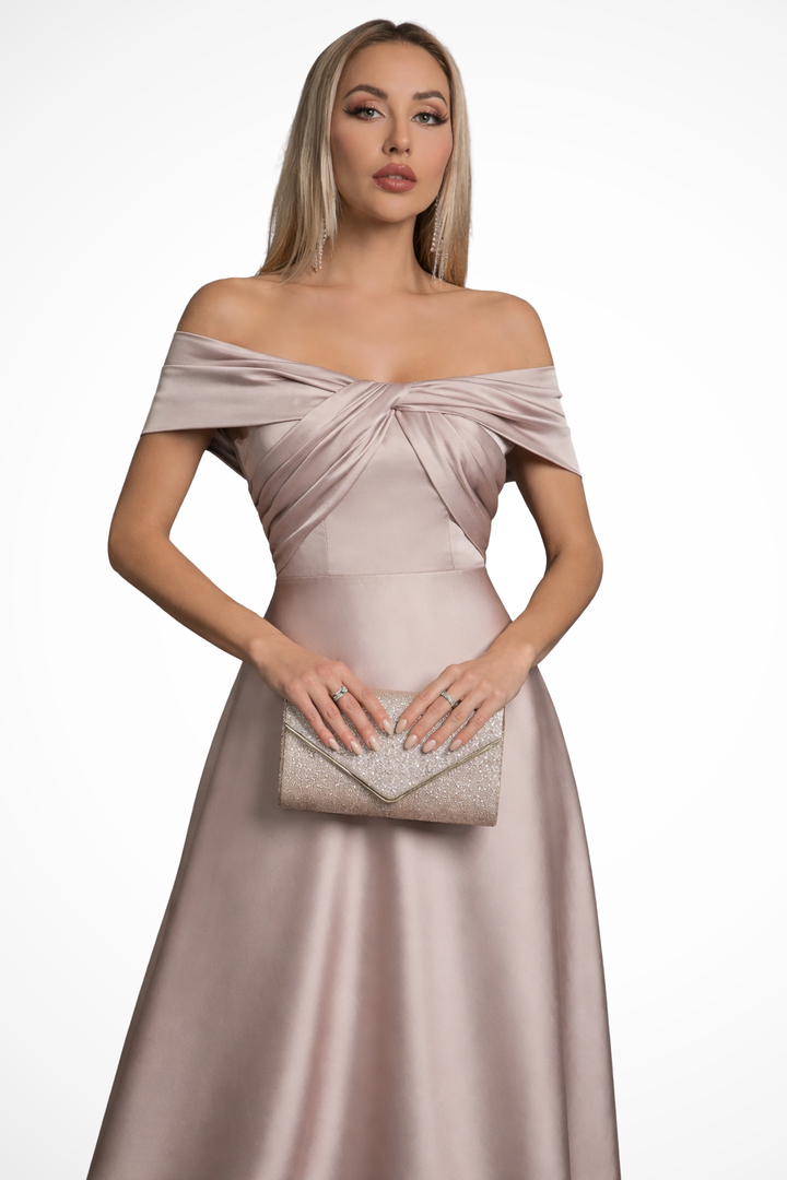 Formal evening gown, off-shoulder pleated maxi dress, women's twisted knot detail.