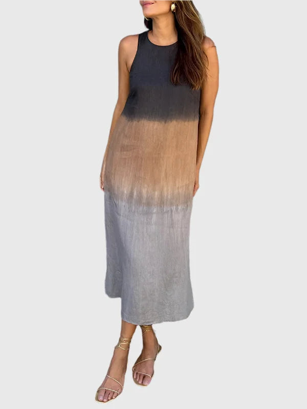 Casual summer women's ombre midi dress, sleeveless, relaxed fit, and comfortable round neck.