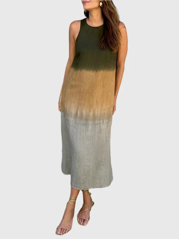 Versatile women's ombre midi dress, sleeveless, relaxed fit, round neck, great for summer comfort.