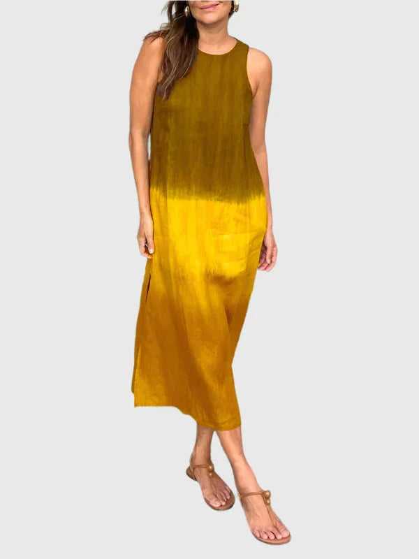 Stylish women's ombre sleeveless midi dress, relaxed fit, round neck, ideal for summer elegance.