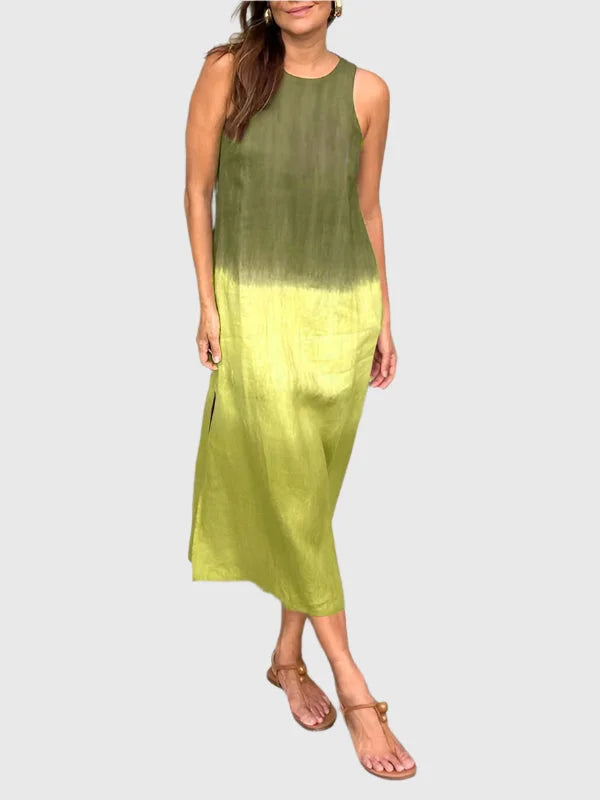 Gradient ombre women's sleeveless midi dress, relaxed fit, round neck, perfect for casual outings.