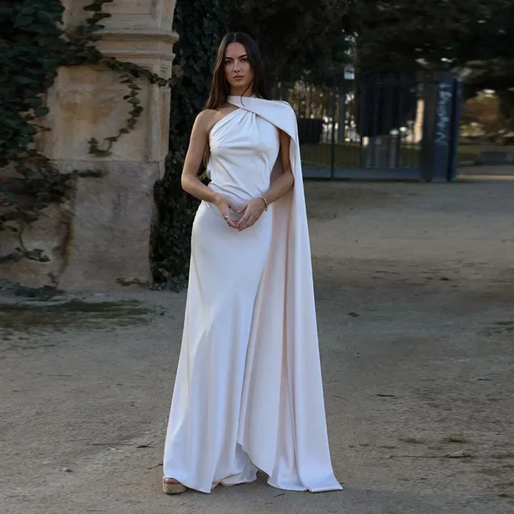 Chic one-shoulder backless maxi dress, women's long evening gown with elegant drape.