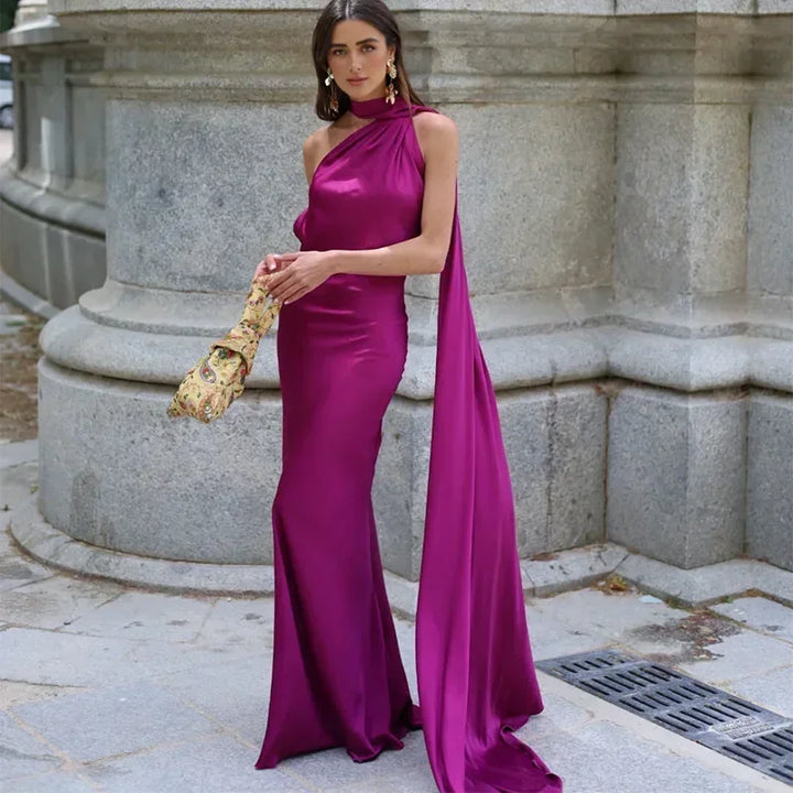 Women's one-shoulder formal gown, draped maxi dress ideal for special occasions.