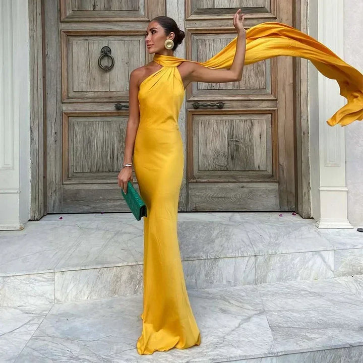 Formal one-shoulder draped backless maxi dress for women, sophisticated long gown.