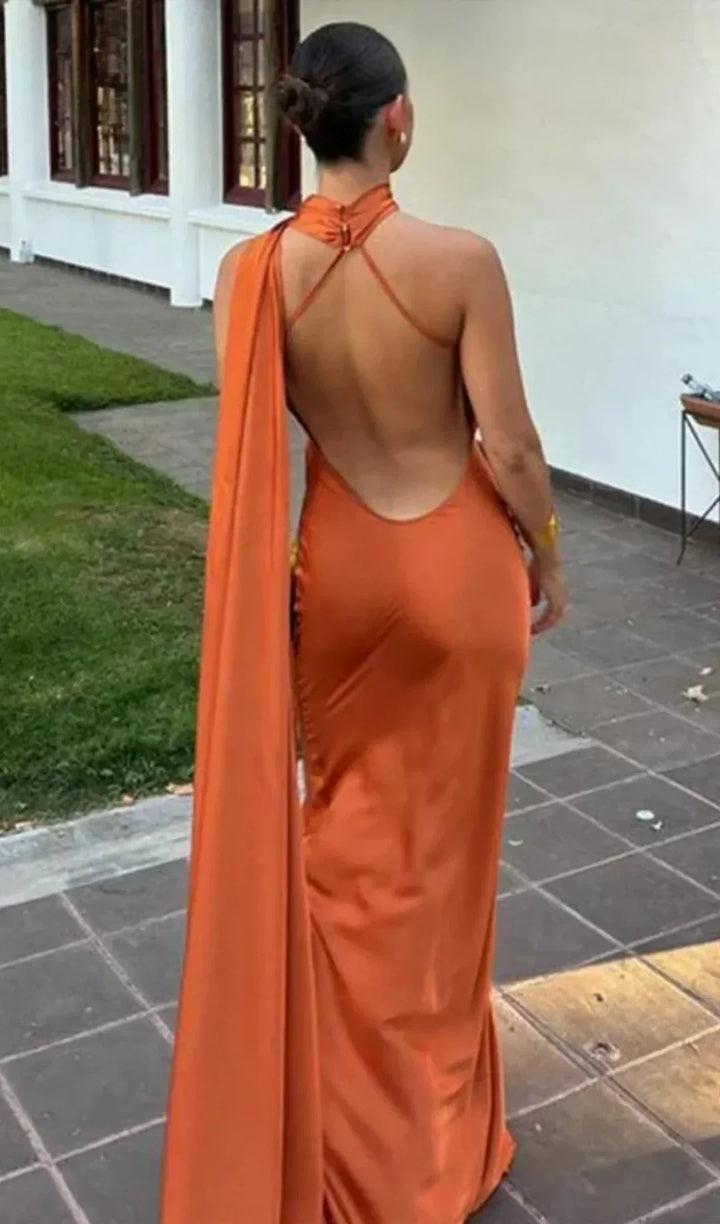 Sleeveless one-shoulder backless maxi dress, women's elegant draped long dress.