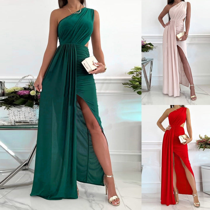 Women's one-shoulder draped waist maxi evening dress with a stylish split hem, perfect for formal events.