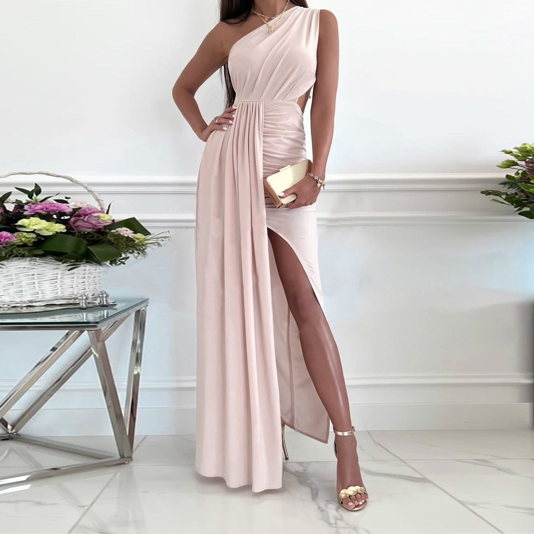 Elegant women's one-shoulder maxi gown with draped waist & leg split, ideal for parties & special occasions.