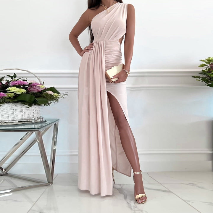 Elegant women's one-shoulder maxi gown with draped waist & leg split, ideal for parties & special occasions.